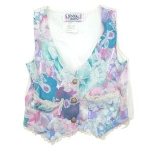 Vintage Girl's L.A. Chic Girls Floral Lace Trim Vest 90s Made in USA Size M